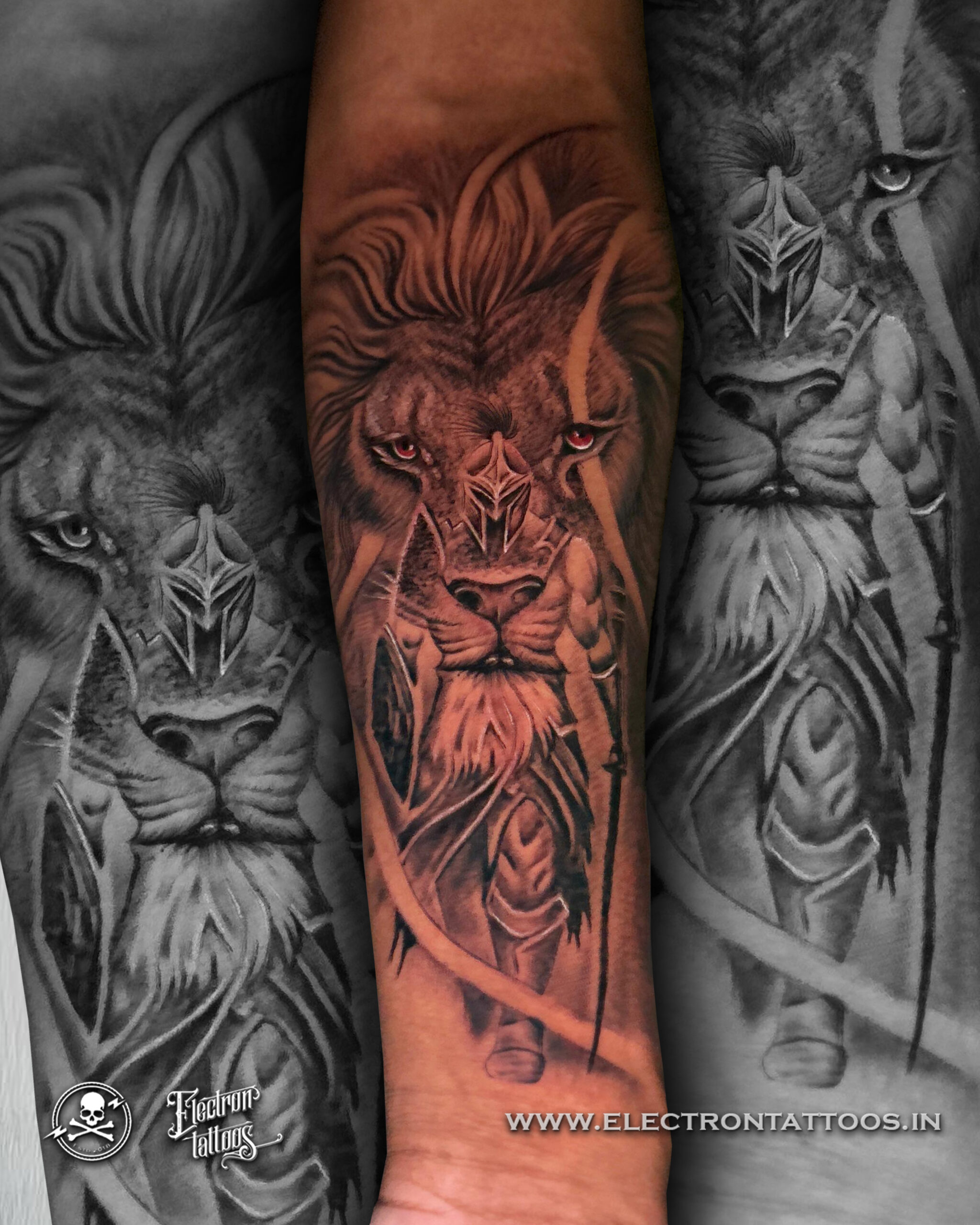 Black and grey lion realism tattoo by Electron Tattoos Gandhidham
