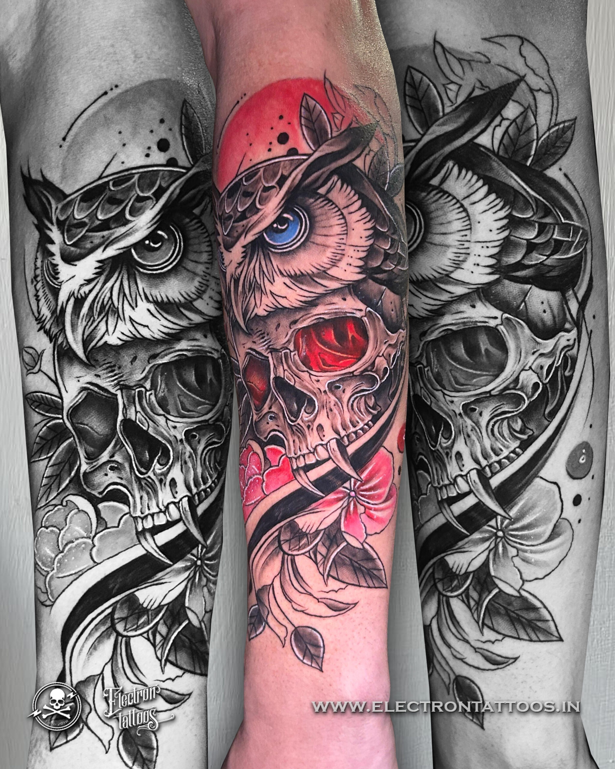 Black and grey skull and owl realism tattoo by Electron Tattoos Gandhidham